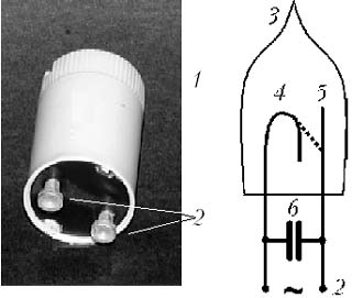 Внешний вид и внутреннее устройство стартёра люминесцентной лампы